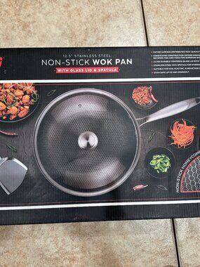 Parini 12.5" Stainless Steel Non-Stick WOK Pan W/Glass Lid & Spatula